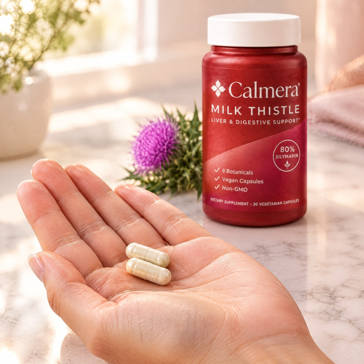 Two Calmera Milk Thistle capsules in a woman's palm