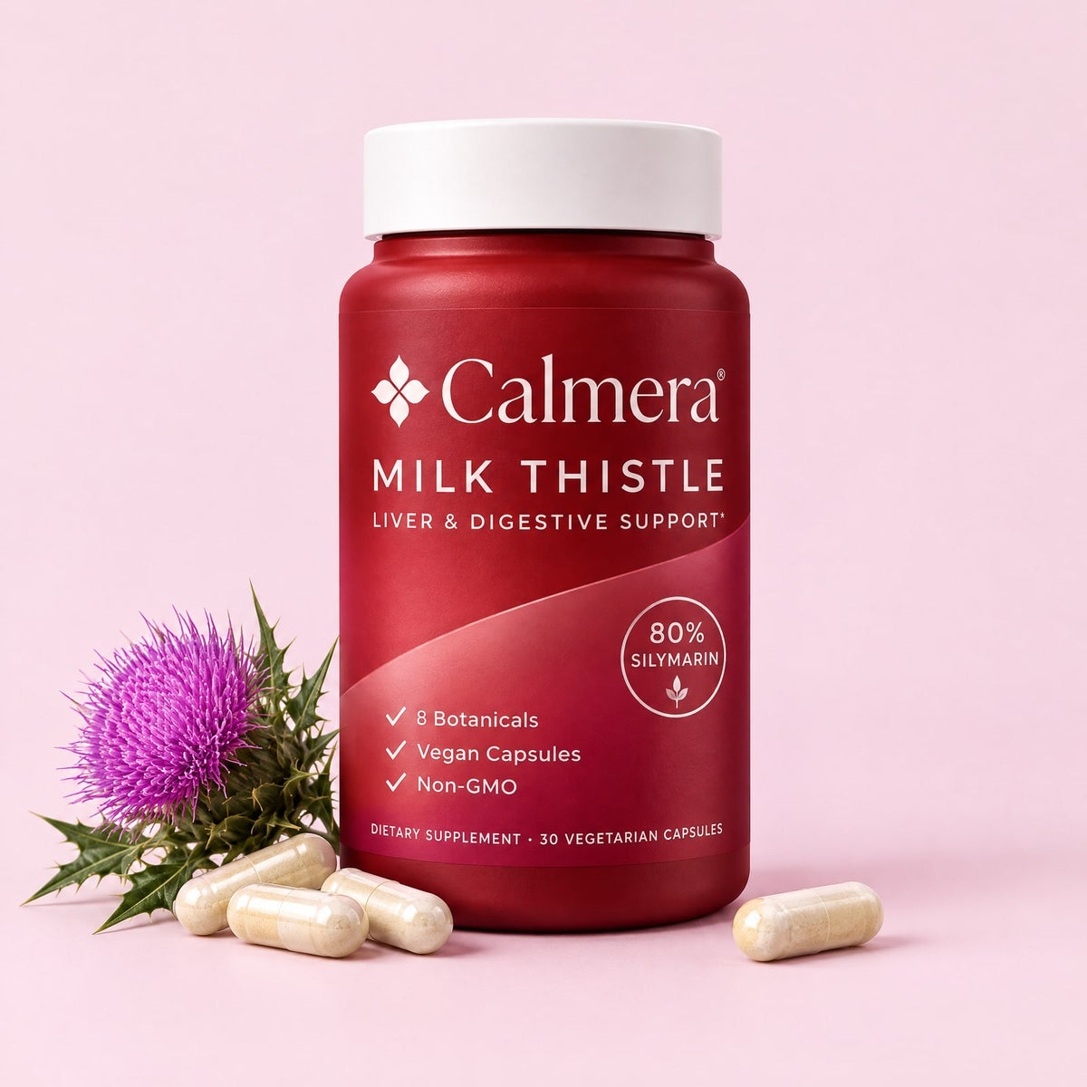 Calmera Milk Thistle bottle with capsules and a milk-thistle flower