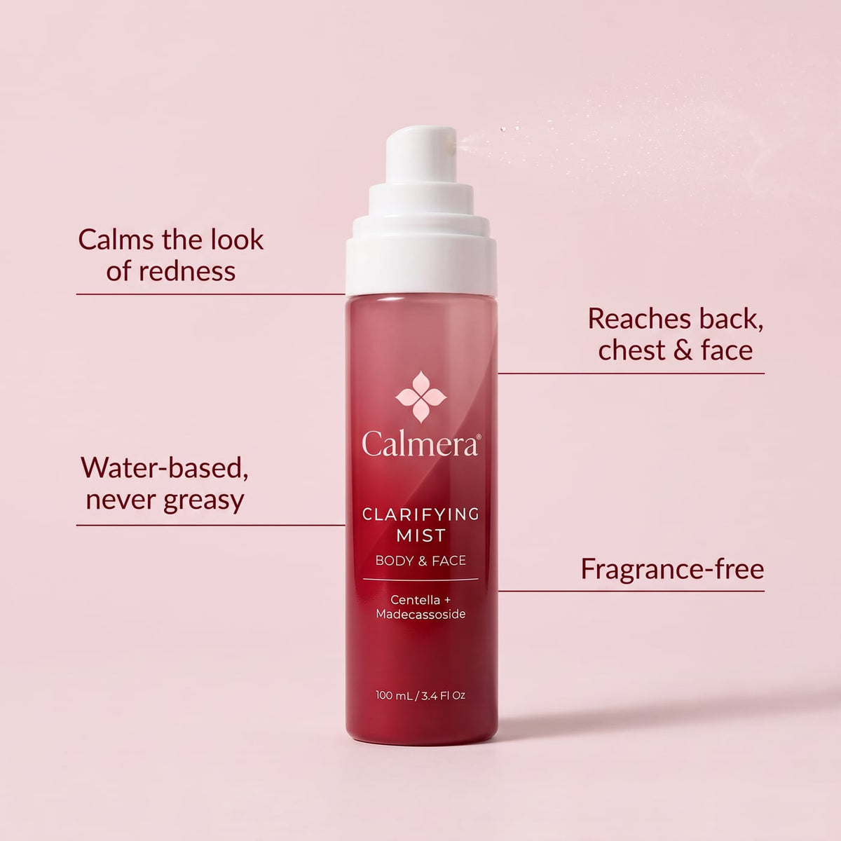 Calmera Clarifying Mist: calms the look of redness, water-based, reaches back, chest and face, fragrance-free