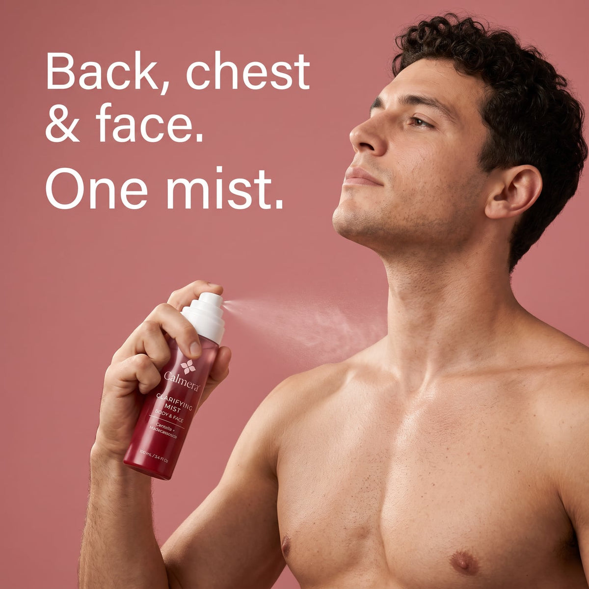 Man spraying Calmera Clarifying Mist on his chest