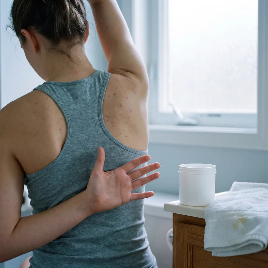 Woman reaching behind her back, unable to reach her upper back with a cream