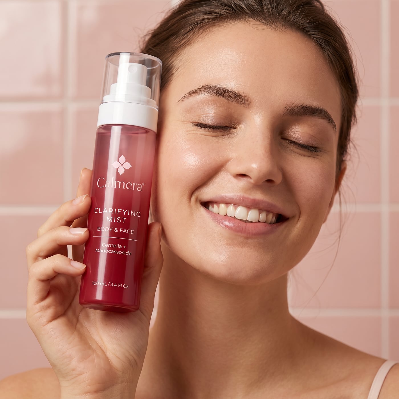 Woman holding Calmera Clarifying Mist beside her face