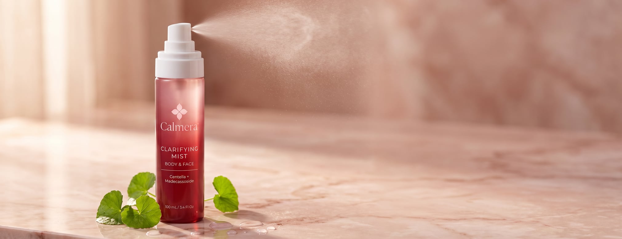 Calmera Clarifying Mist spraying a fine mist on rose marble