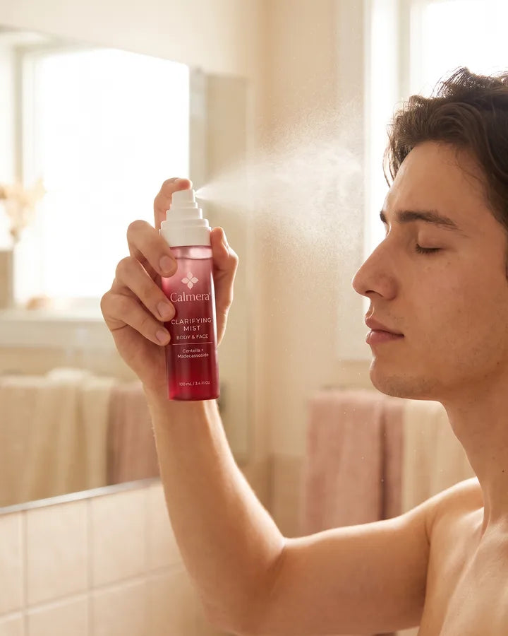Man misting his face with Calmera Clarifying Mist