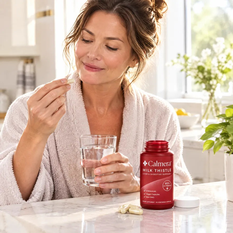 Woman taking a Calmera Milk Thistle capsule with a glass of water in the morning