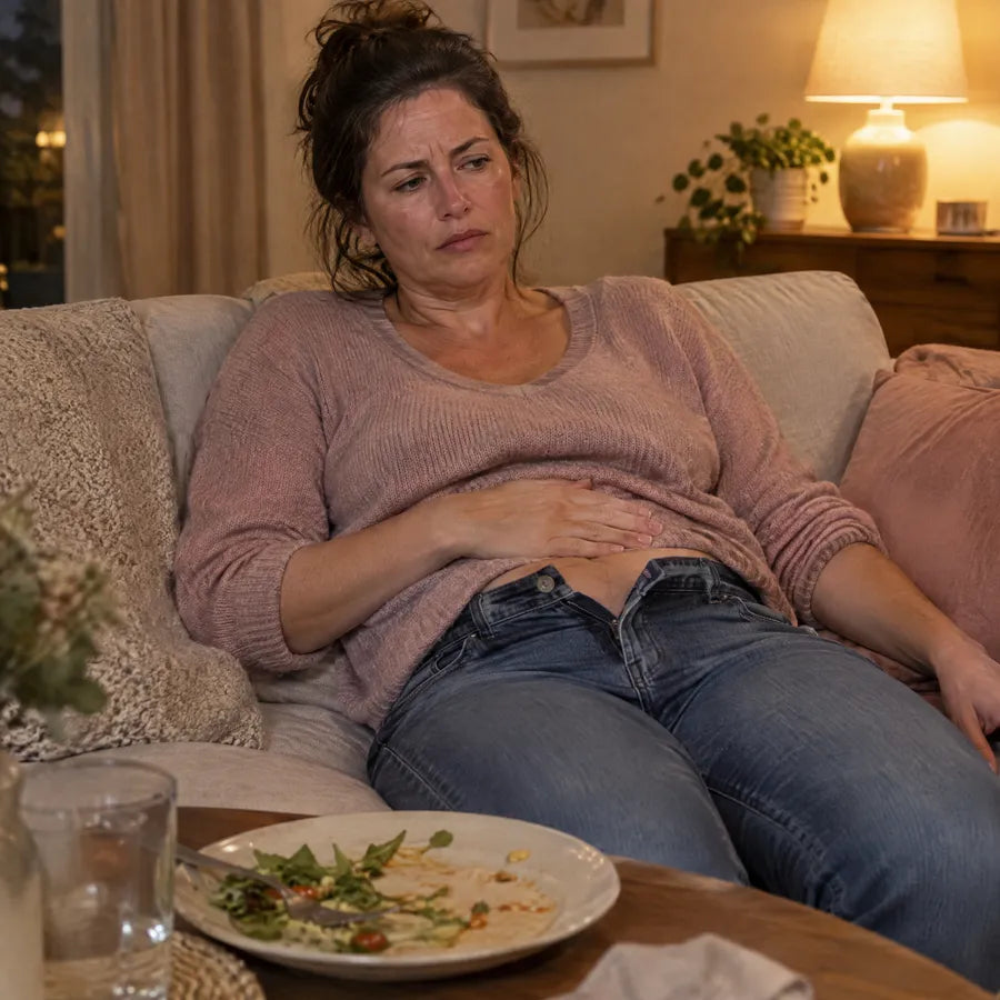Woman on the sofa after dinner, top button undone, hand on her stomach